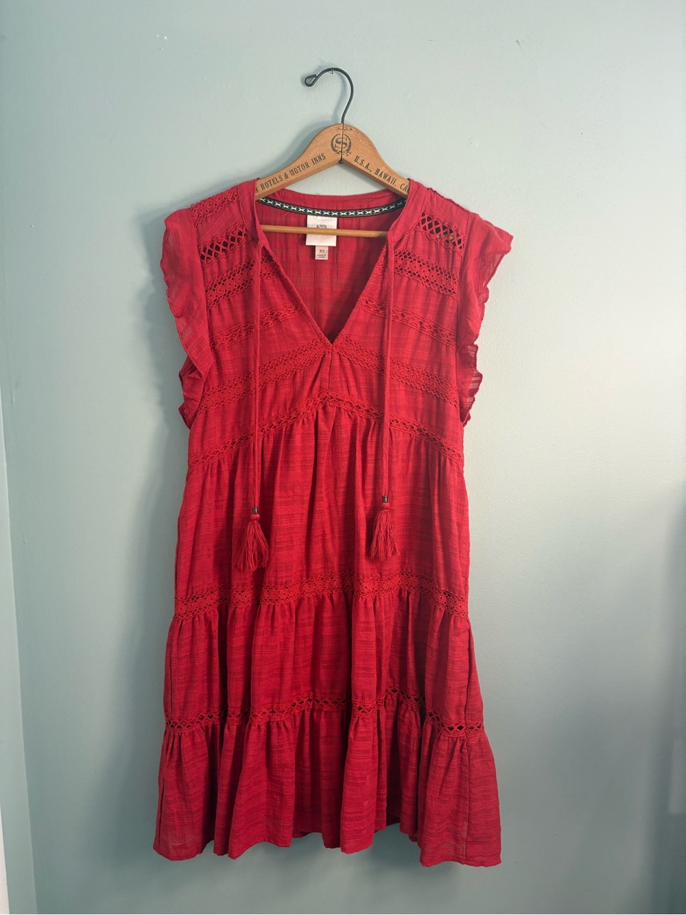Knox Rose Red Tiered V-Neck Mini Dress with Tassel Ties